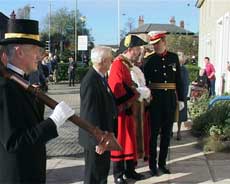 Mayor Graham Burgess & party look at Foundation stone at Gosport War Memorial